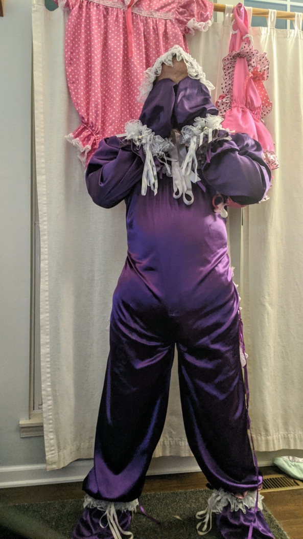 When mommy says no touching - Got caught by mommy.  Trip diaper, plastic panties and the full romper  mittens and booties.  Will have to behave for a while before she changes me.  Mommy wants you all to pick it out, Satin,Romper,Locked, Adult Babies,Sissy Fashion