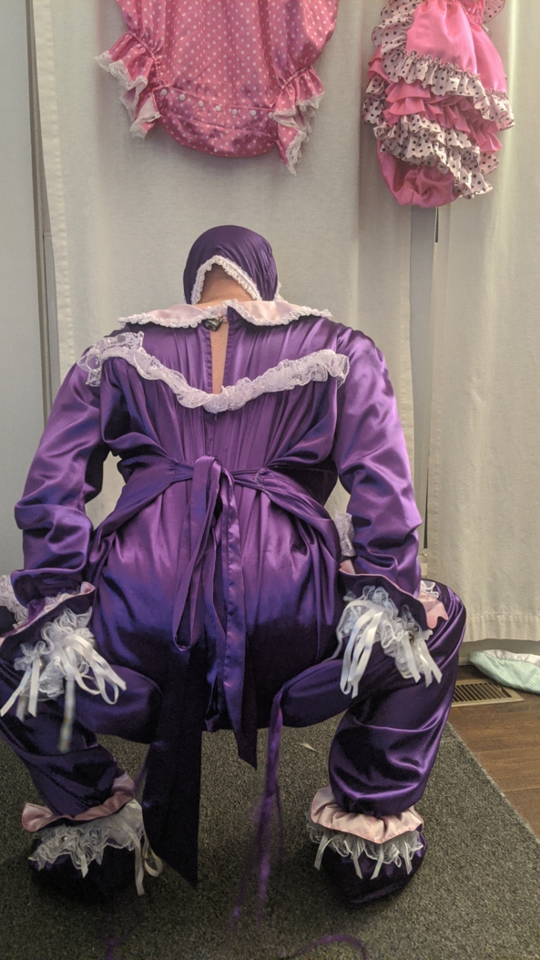 When mommy says no touching - Got caught by mommy.  Trip diaper, plastic panties and the full romper  mittens and booties.  Will have to behave for a while before she changes me.  Mommy wants you all to pick it out, Satin,Romper,Locked, Adult Babies,Sissy Fashion