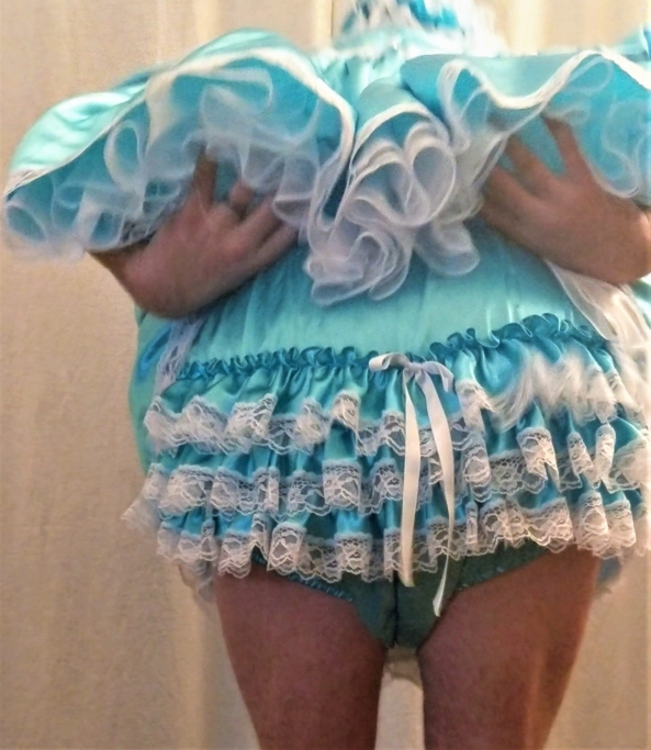 Cleaning for mommy and a new dress - Mommy surprised me with a matching pink romper to my blue one.  Helped her clean all day and she told me i can stay in my new dress and panties all night.  Baby still a little shy to show her face yet, Romper,sissy dress, Adult Babies,Sissy Fashion,Dolled Up