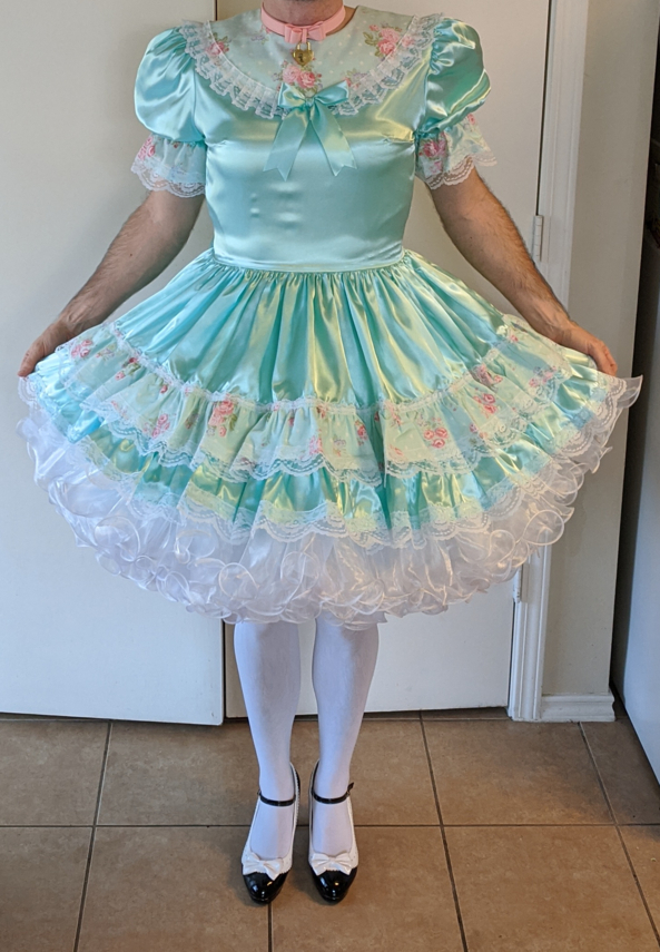 My latest favorite - My latest, and most favorite, dress! The feel of the satin is just amazing. Not all satin is created equal! The dress was from Leanne's, the petticoat came from BBT, and the shoes were an Amazon purchase., Sissy Dress, Sissy Fashion