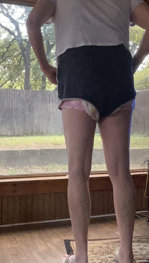 Wanting to play outside  - I wanted to go an play but I complained not like this in my shorts my diaper shows She said ok then no shorts it is , Thick diapers,defiant baby , Adult Babies,Feminization,Sissy Fashion,Bad Boy To Good Girl